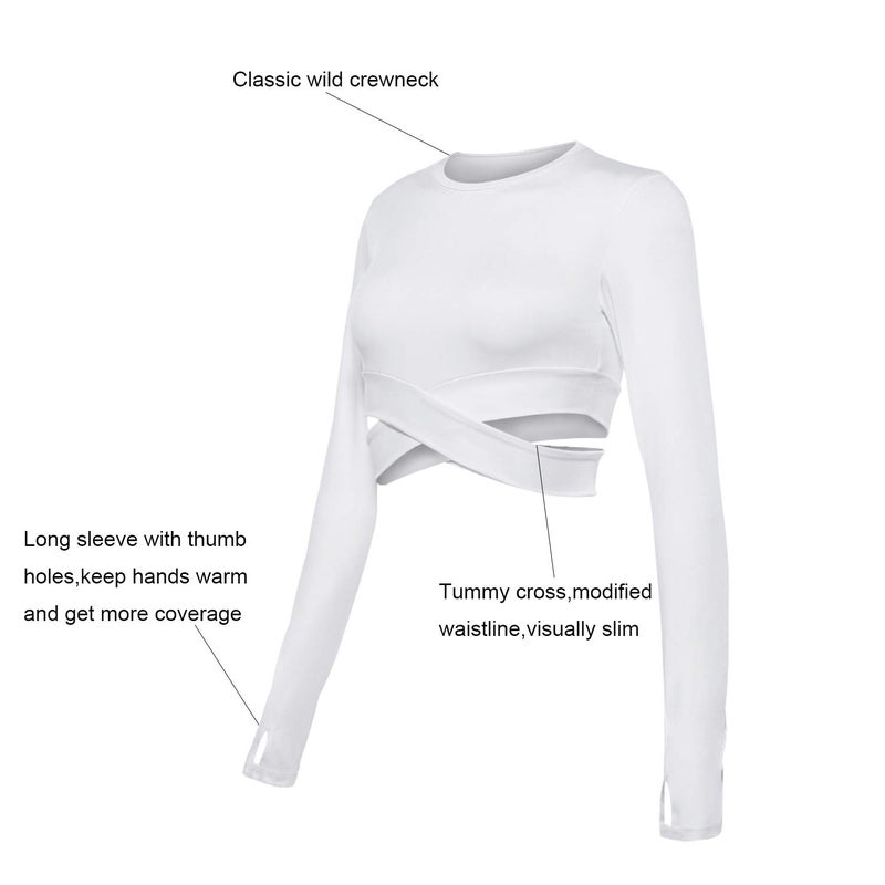 DREAM SLIM Women Long Sleeve Crop Tops Tummy Cross Crewneck Yoga Running Shirts Gym Workout Crop Tops with Thumb Holes (White Long, S) - Image 5